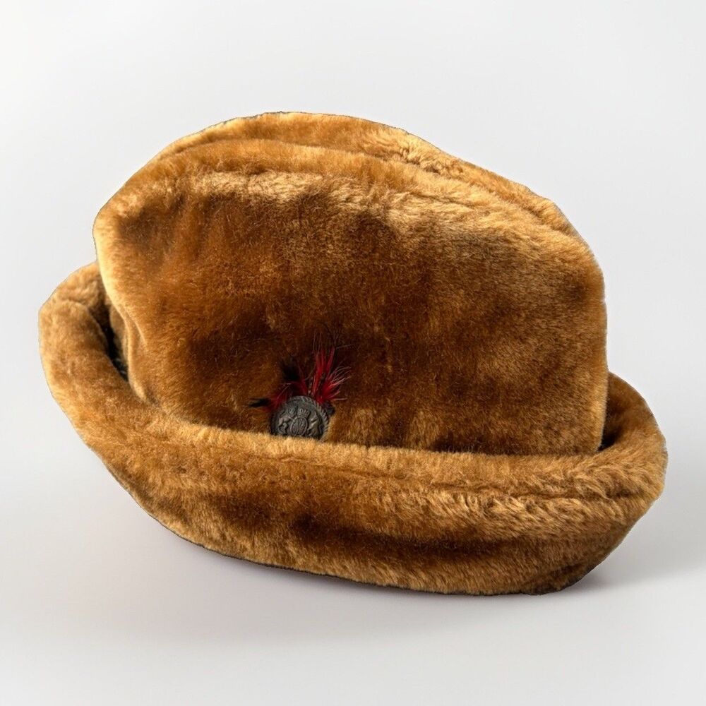 Vtg 60s Faux Fur Fedora Hat Brown Cossack Pillbox Winter Cap Feather Pin S M
